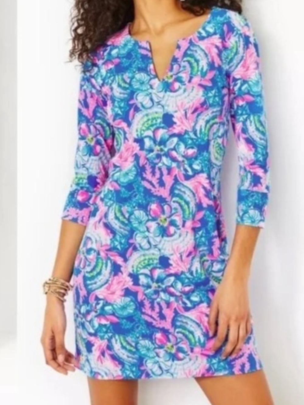 NWT Lilly Pulitzer Chilly Lilly UPF 50+ Nadine Dress Blue Tang Sitting Seaside